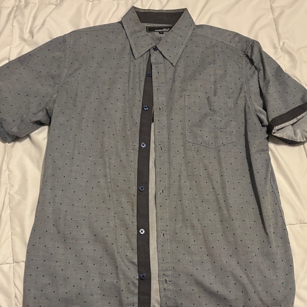 Men's Casual Gray Button Down Shirt with red and blue small accent design